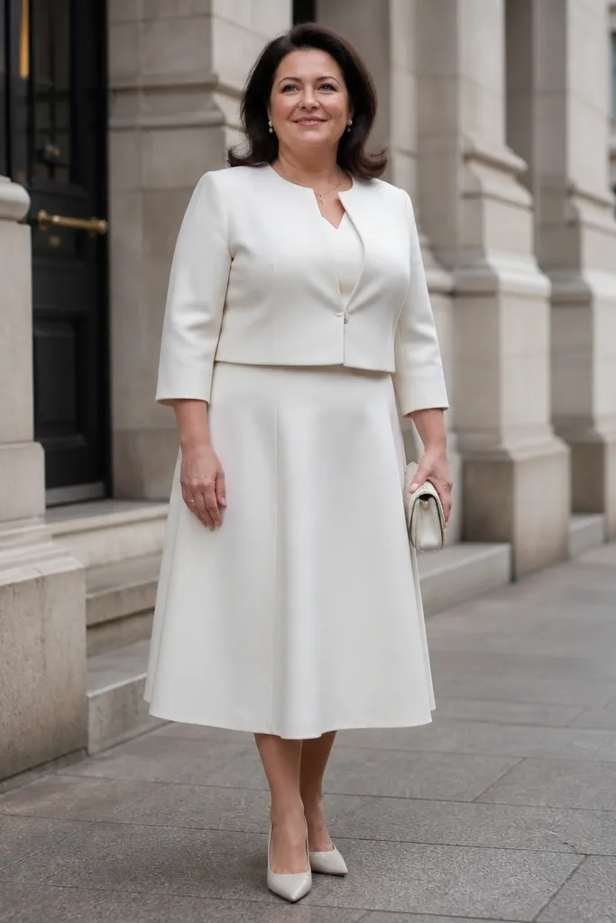 Pearl-white cropped jacket with a midi skirt and a slim top
