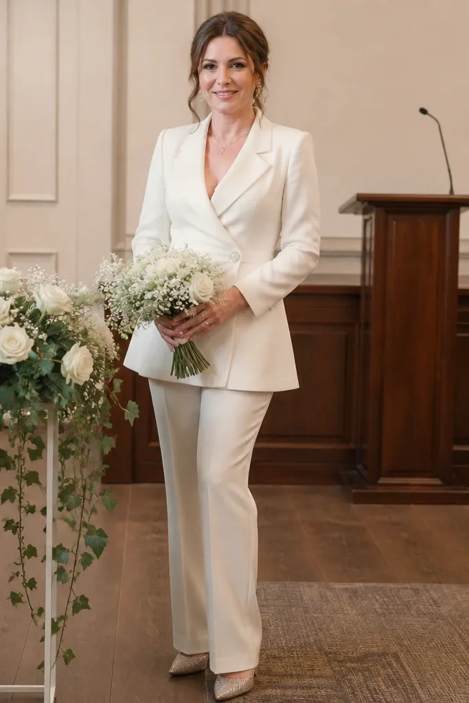 Ivory bridal trousers with a matching tailored blazer and structured waist
