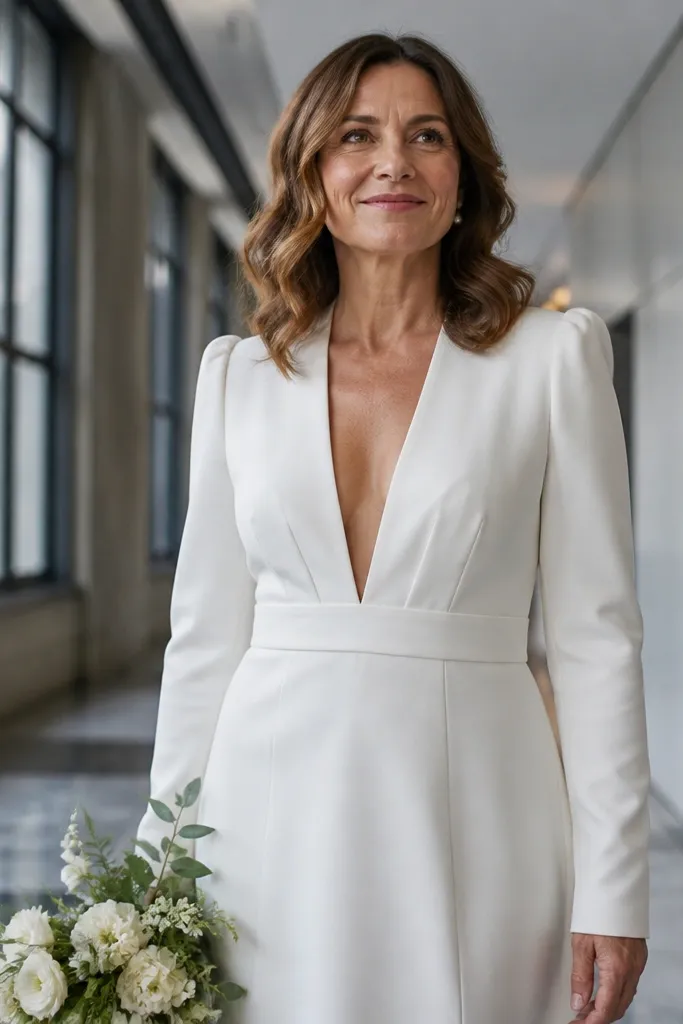 Ivory dress with a deep V-neck and structured long sleeves