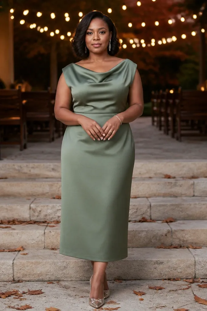 Soft green matte satin midi dress with a column skirt