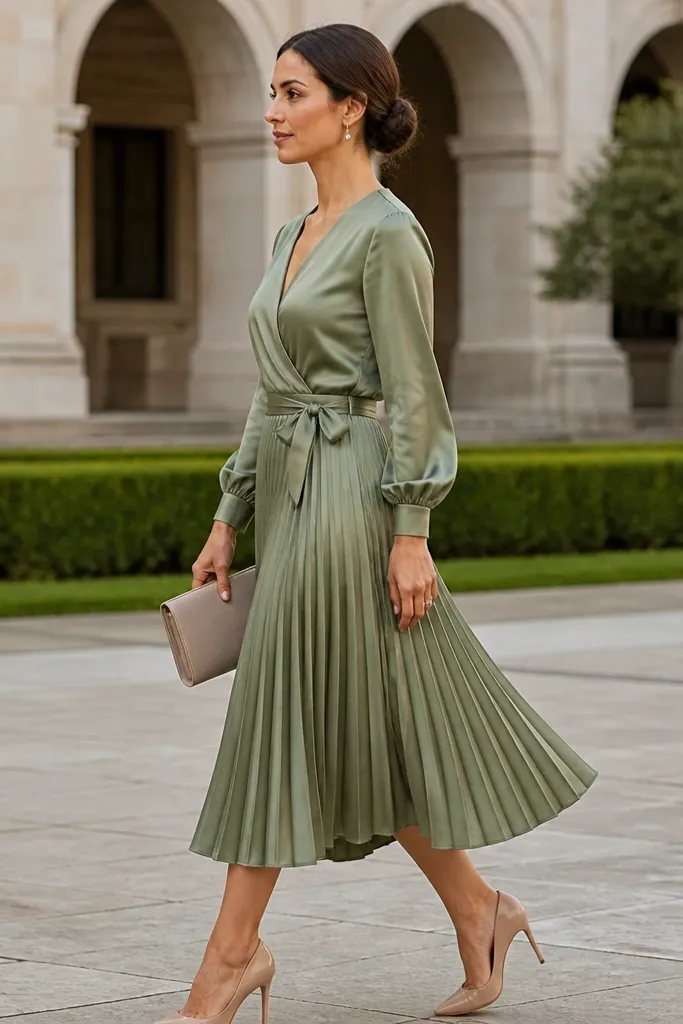 Sage satin wrap midi with a V-neck and knife-pleat skirt