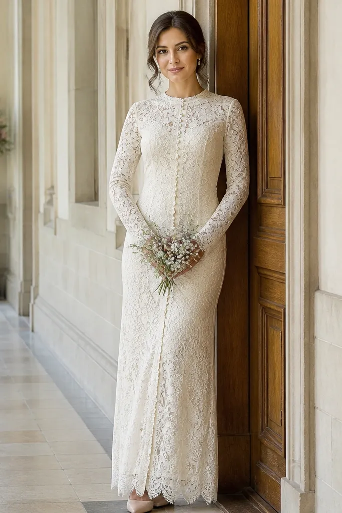 Ivory lace column dress with a front button placket