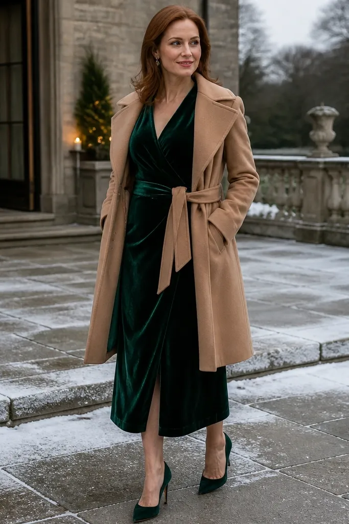 Emerald velvet midi dress with a camel wrap coat and tan heeled ankle boots