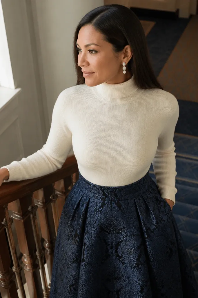 Navy brocade midi skirt with a cream turtleneck and navy heeled pumps
