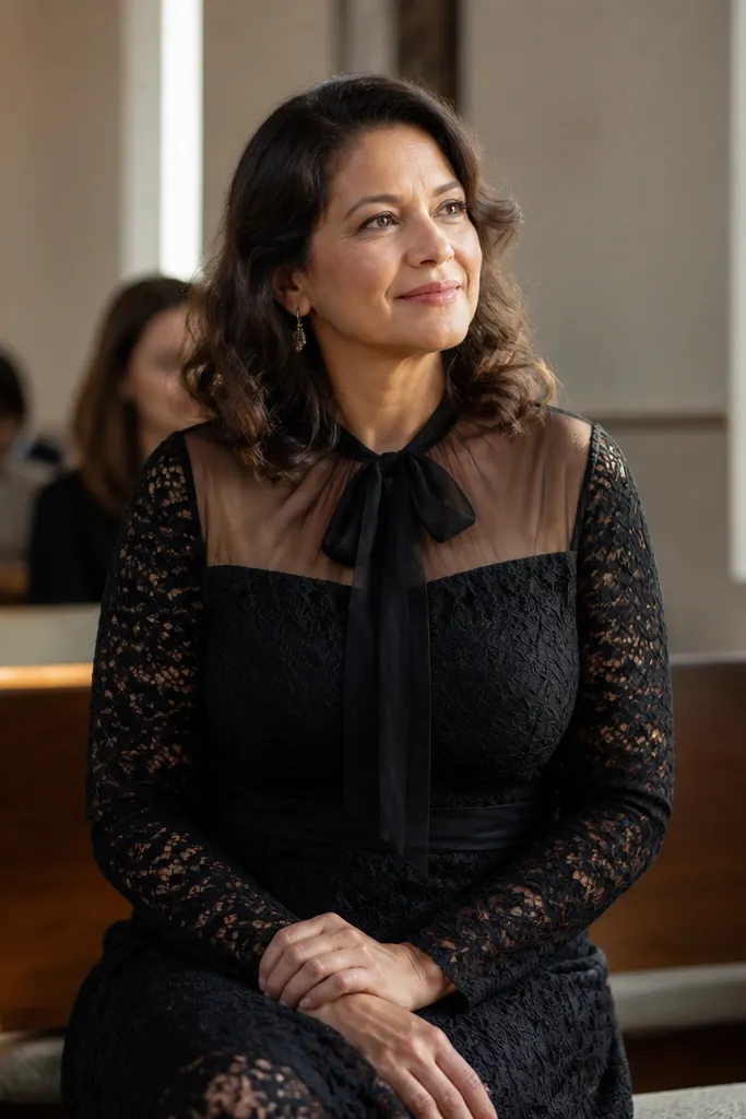 Black lace midi skirt with a sheer-neck bow blouse and black boots