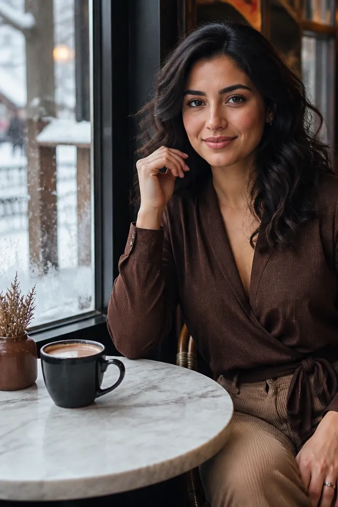 Camel wide-leg trousers with a chocolate wrap top and brown heeled boots