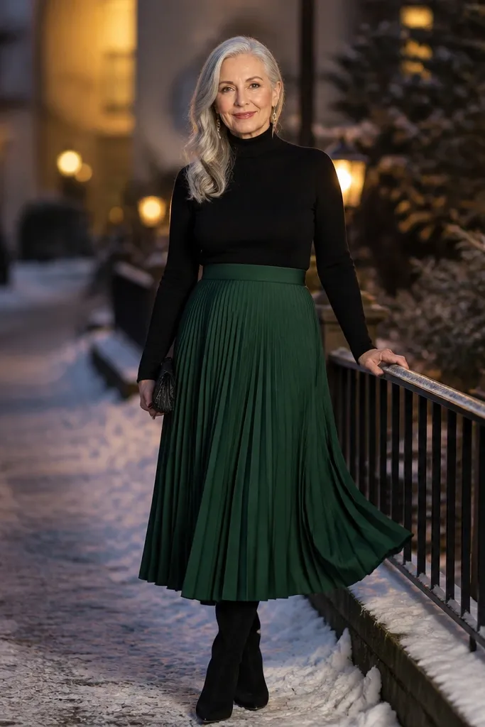 Forest green pleated midi skirt with a black turtleneck and black ankle boots