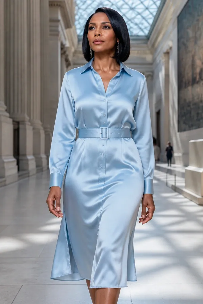 Ice blue satin shirt dress with a belt and nude heeled pumps