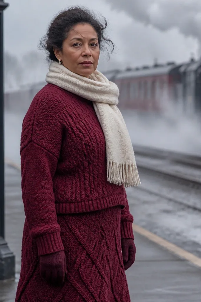 Oxblood knit two-piece with a cream scarf and dark brown boots