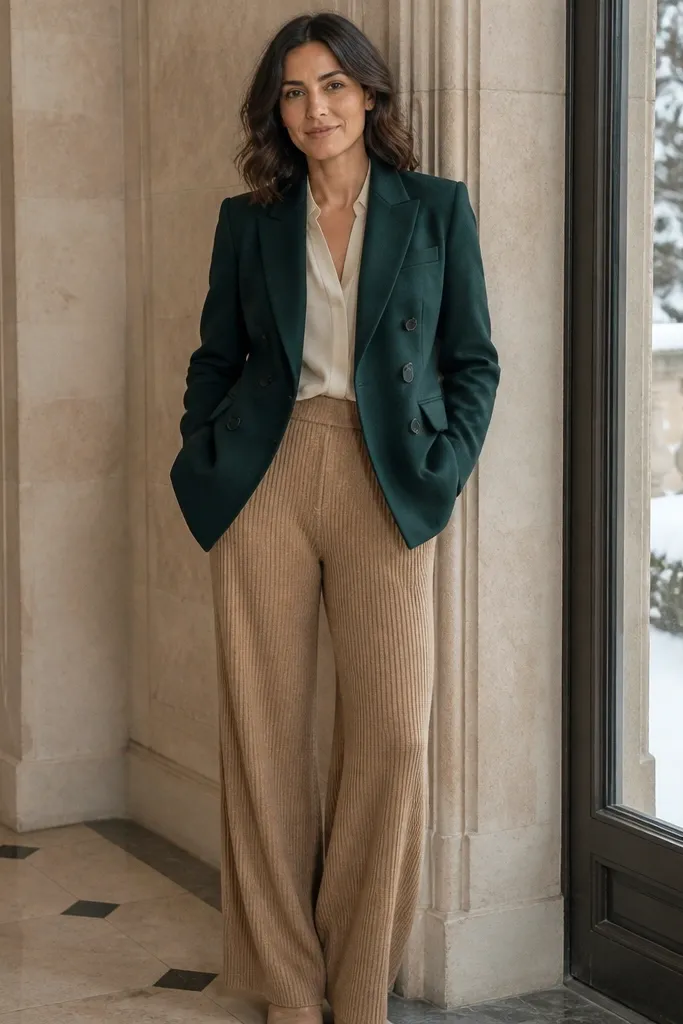 Camel ribbed trousers with a dark green blazer and cognac ankle boots