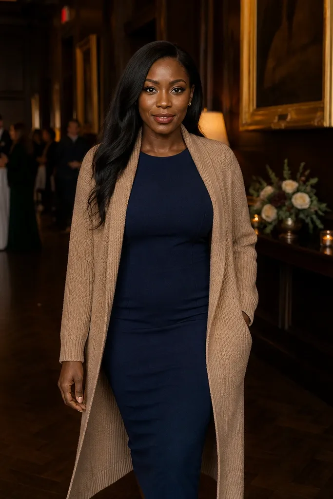 Deep navy seamed bodycon dress with a longline camel cardigan and dark boots