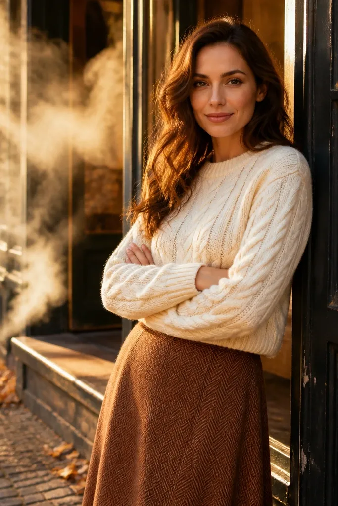 Rust wool midi skirt with a cream cable knit sweater and cognac boots