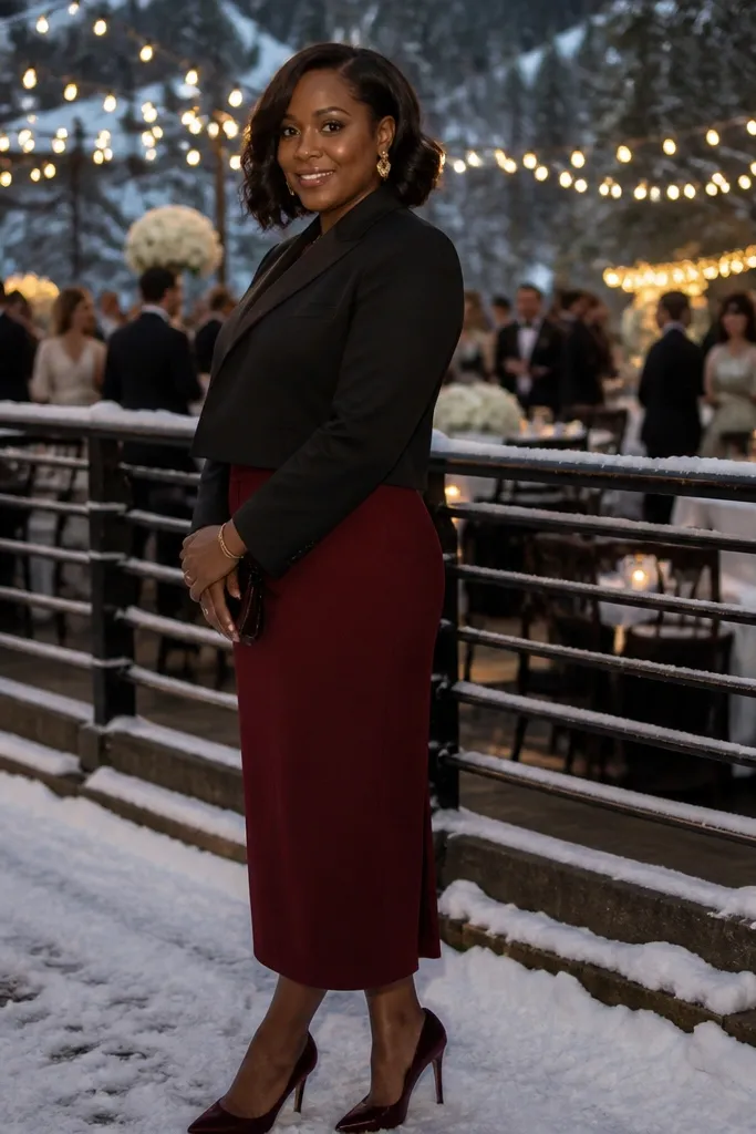 Black cropped blazer with a red midi skirt and black heeled ankle boots