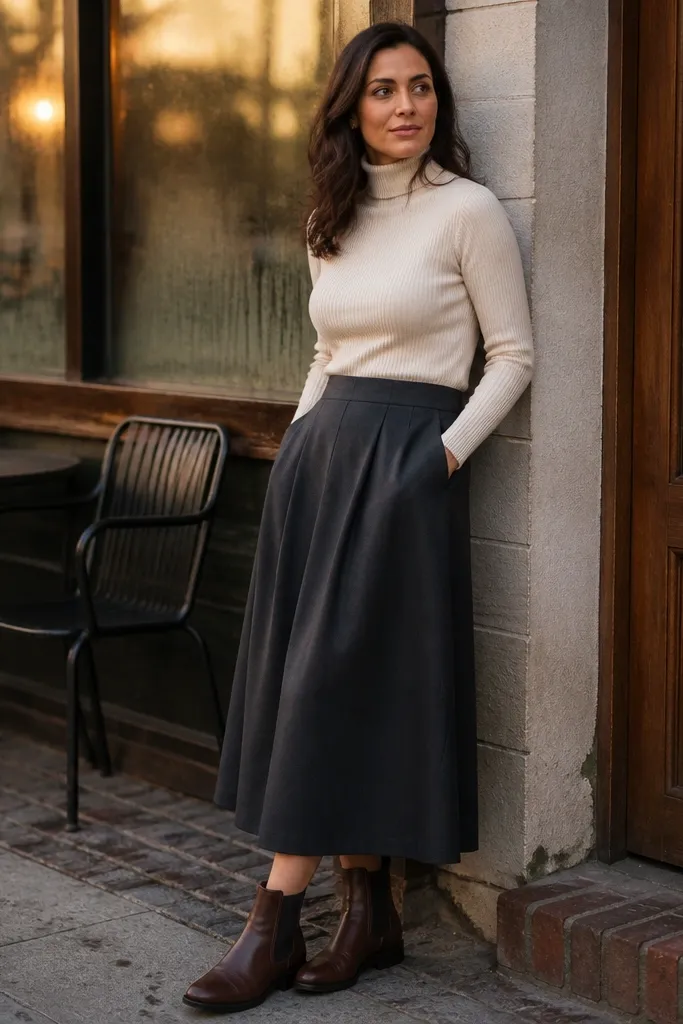 Charcoal midi skirt, cream turtleneck, and brown Chelsea boots