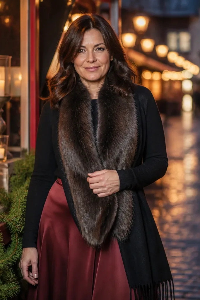 Burgundy satin midi skirt with a black knit top and a faux-fur trim scarf