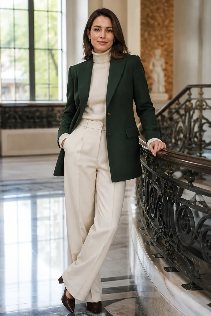 Evergreen wool blazer with cream turtleneck and straight-leg trousers