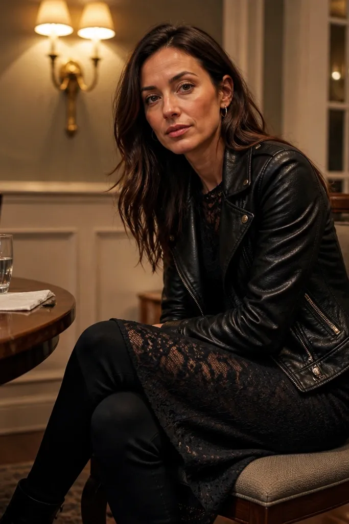 Black lace midi dress with thermal leggings and a cropped leather jacket