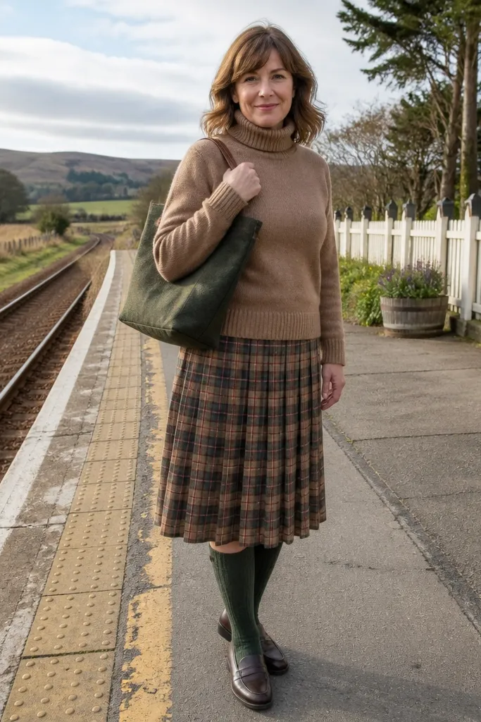 Camel turtleneck sweater with plaid midi skirt and dark green knee socks