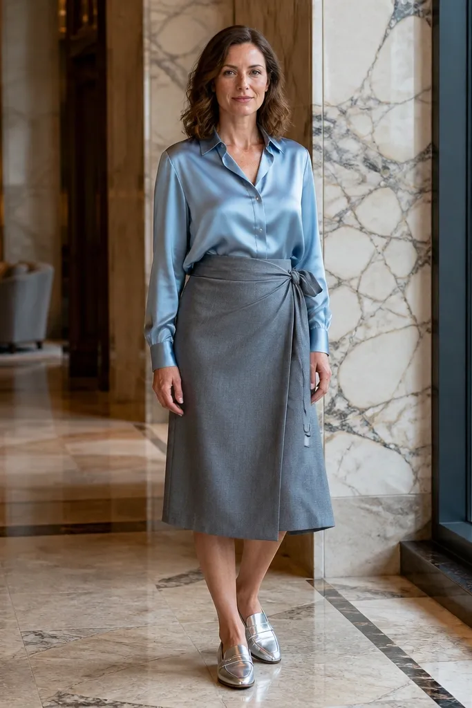 Light blue satin blouse with gray wrap skirt and silver loafers