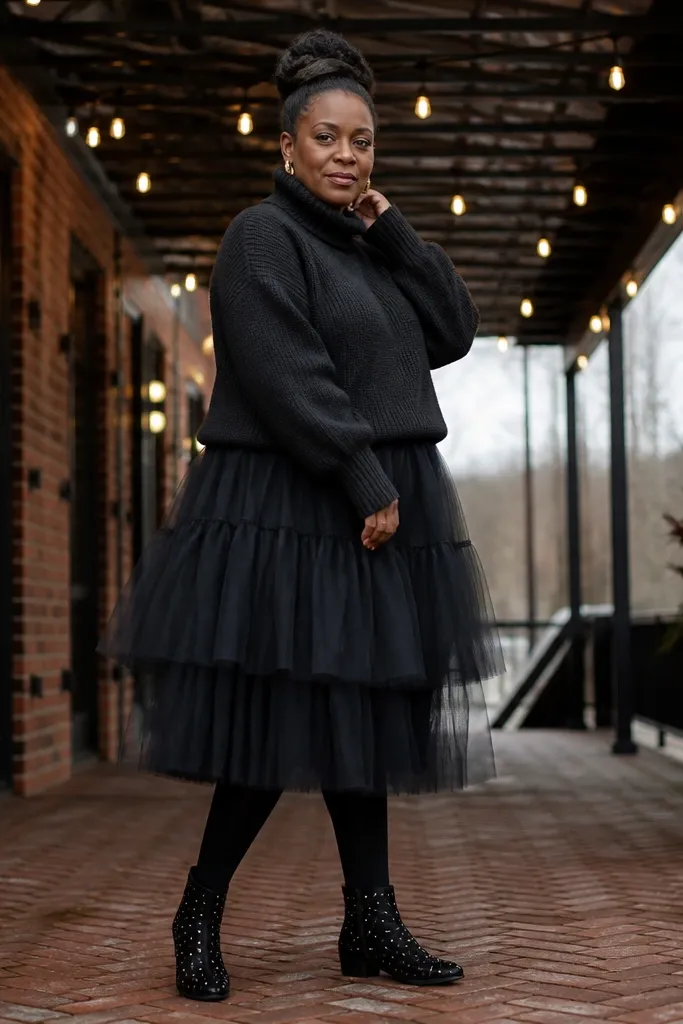 Black tulle midi skirt with a thick sweater, opaque tights, and ankle boots