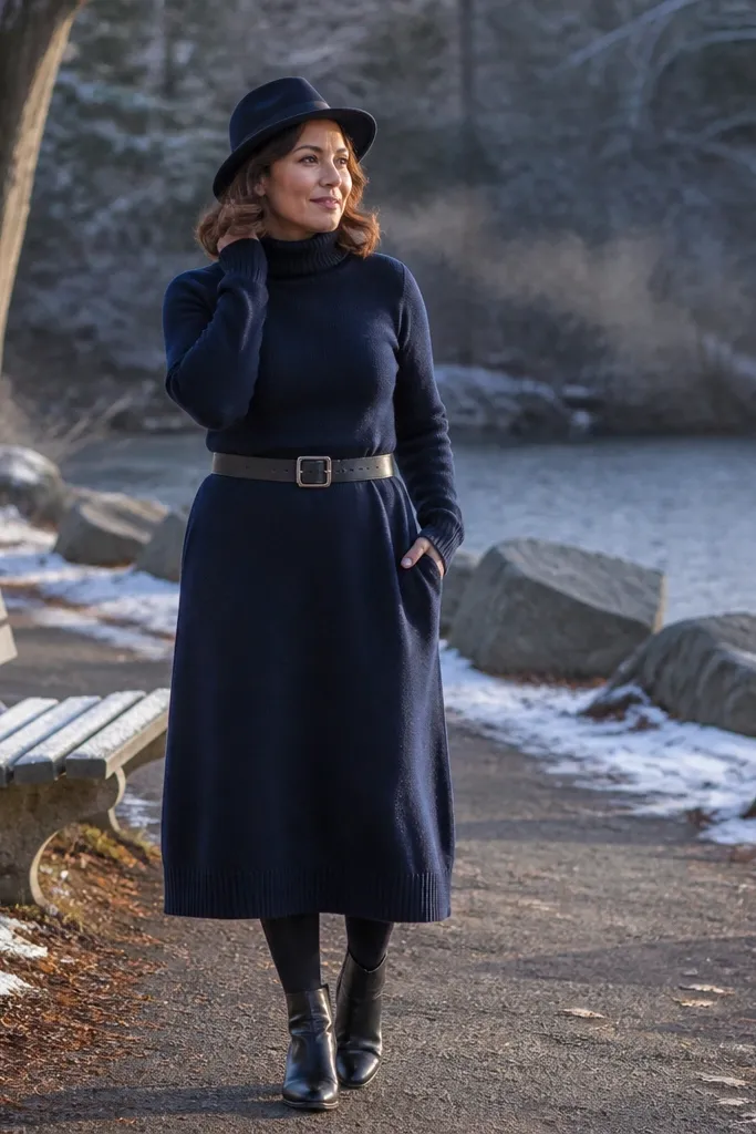 Navy sweater dress with a belt, wool fedora, and ankle boots