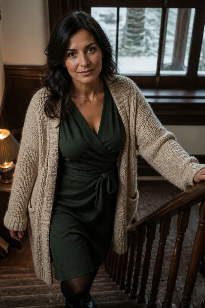 Forest green wrap dress with ribbed tights and a chunky cardigan