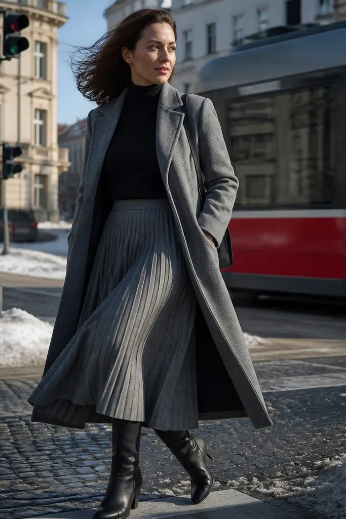 Heather gray pleated midi skirt with black turtleneck and long wool coat