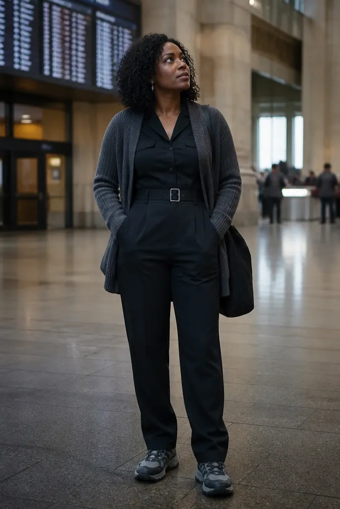 Black belted jumpsuit with a ribbed cardigan and winter sneakers