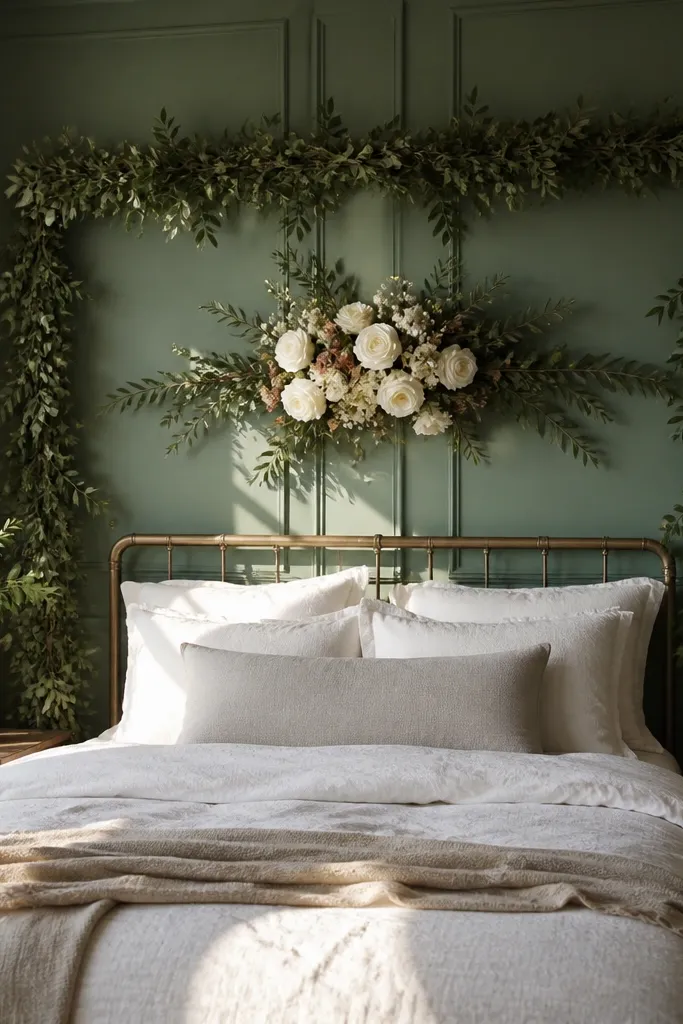 Green garland frame behind bed with a flower cluster centered at head height
