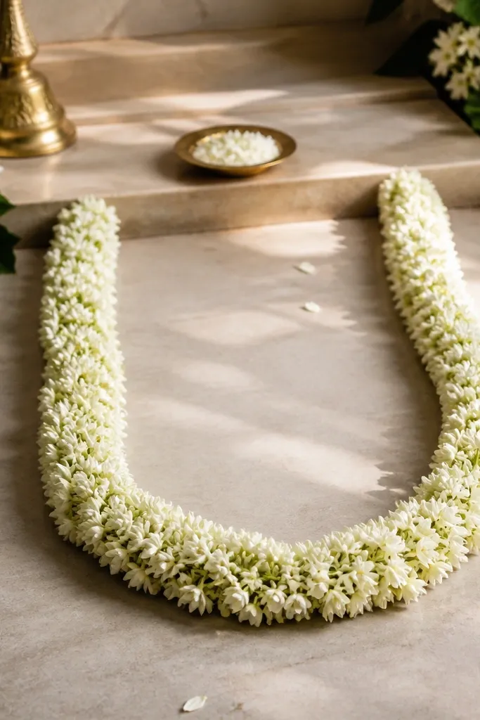 Jasmine garlands arranged in a U shape guiding toward a spot