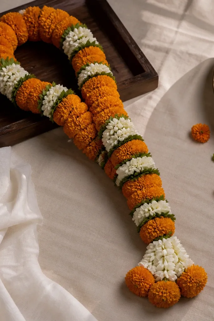 Marigold garland with white jasmine and small green leaves arranged neatly