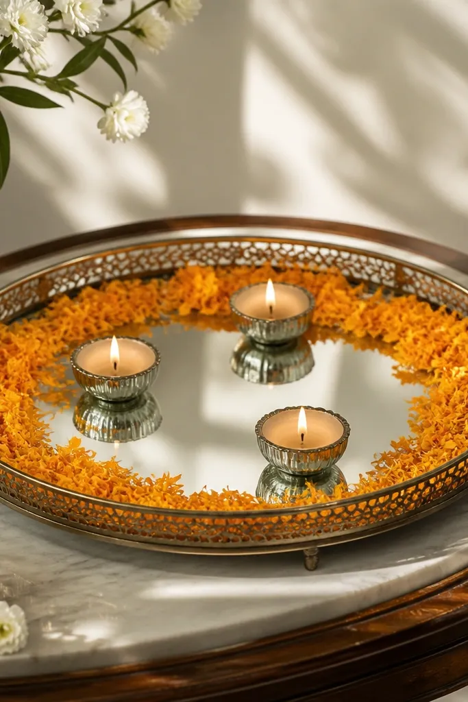 Mirrored tray with marigold petals and small candles on a side table