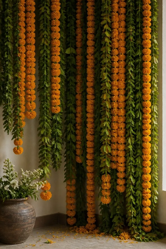 Green and marigold floral drape hanging behind a corner