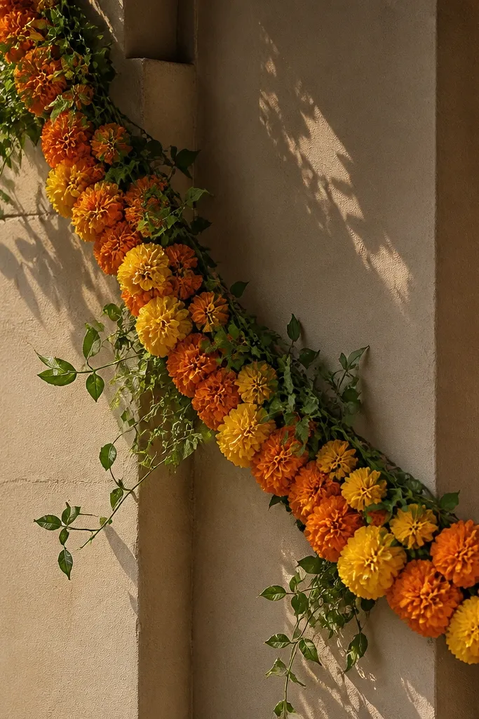 Marigold swag draped diagonally on a wall corner with greenery