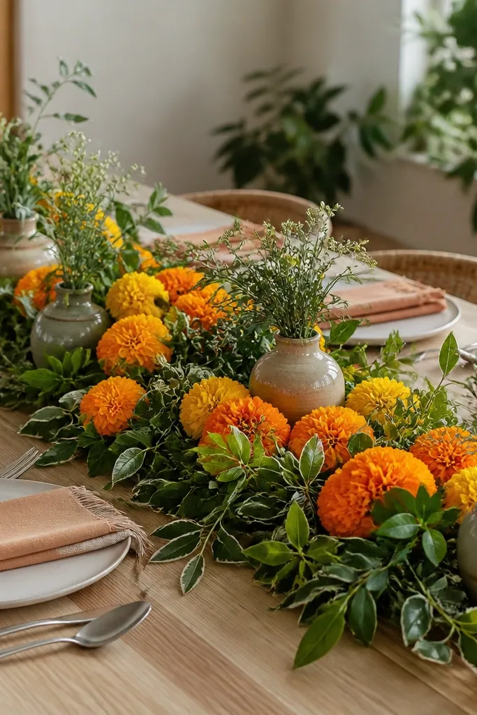 Marigold runner on a table with a neat border of greenery and small vases