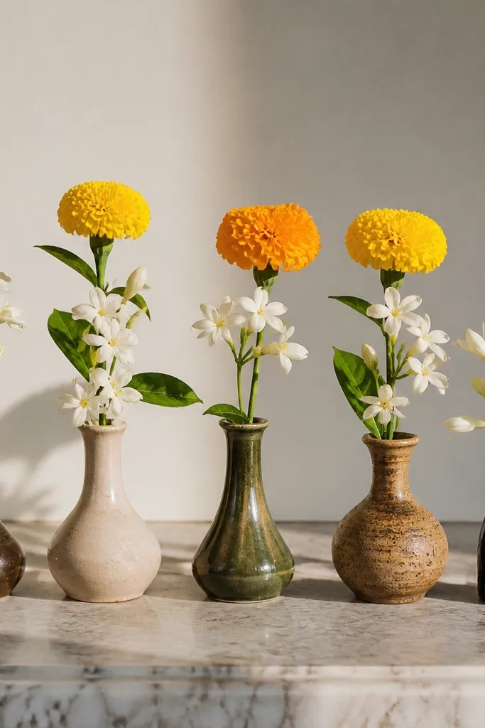 Five bud vases with single marigold and jasmine stems lined up neatly