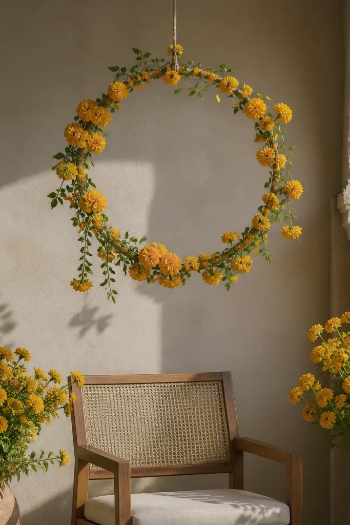 Round hanging floral ring over a chair with marigold clusters