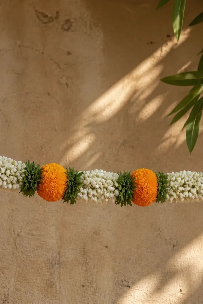 Garland hanging at chest height with marigold and jasmine spacing