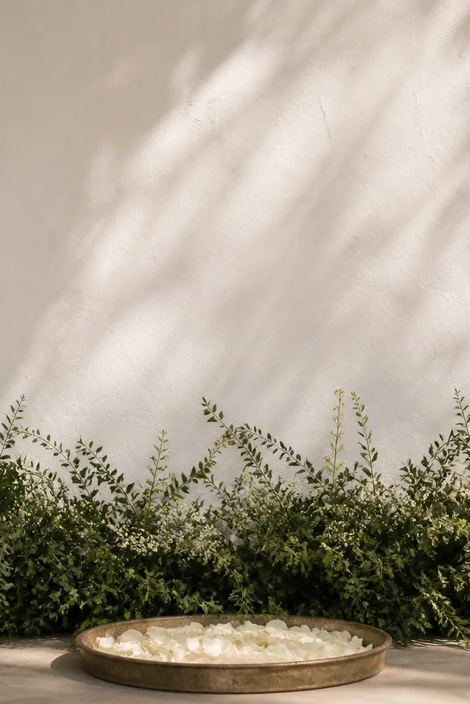 Greenery border along the bottom of a backdrop with petals kept in a tray