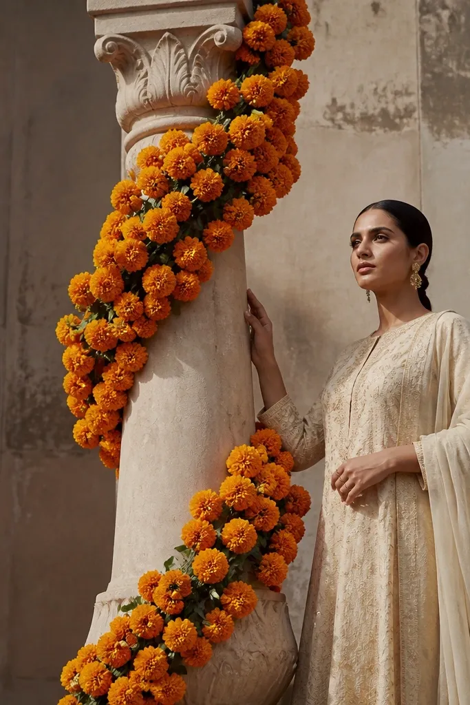 Tall pedestal with dense marigold clusters wrapped around