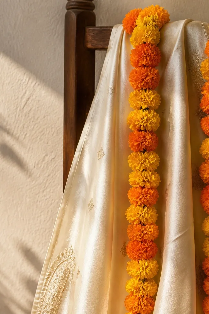 Marigold garlands draped over a light silk cloth on a chair or wall