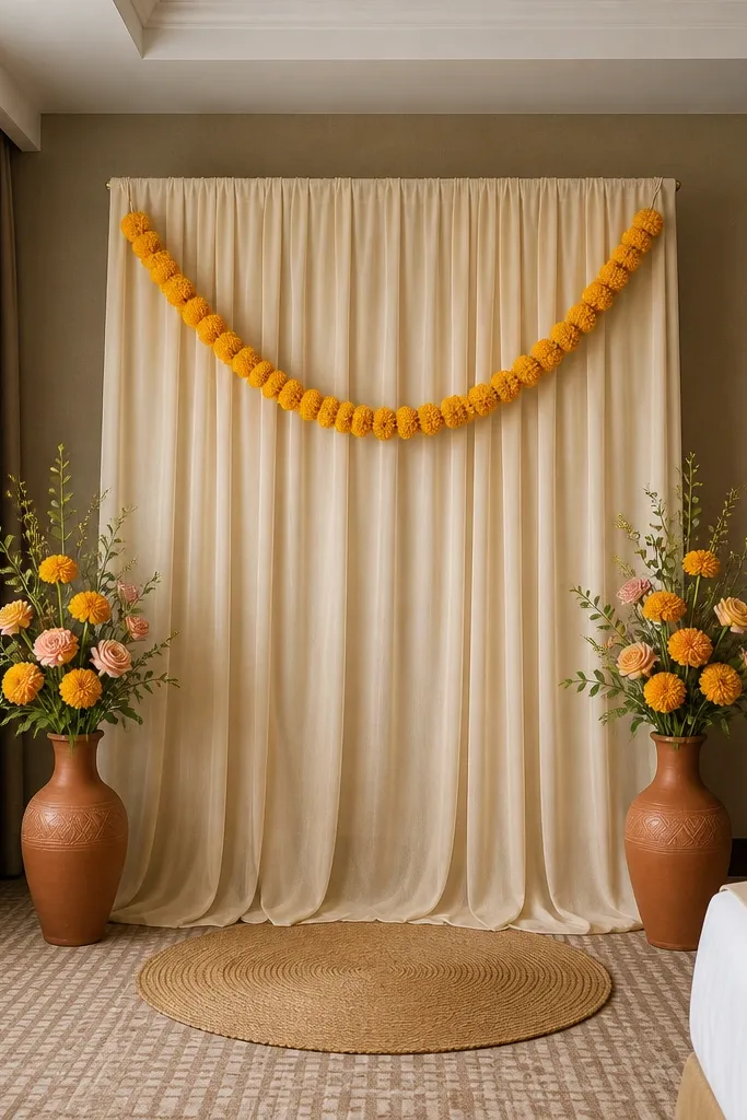 corner with matching flower arrangements on left and right sides