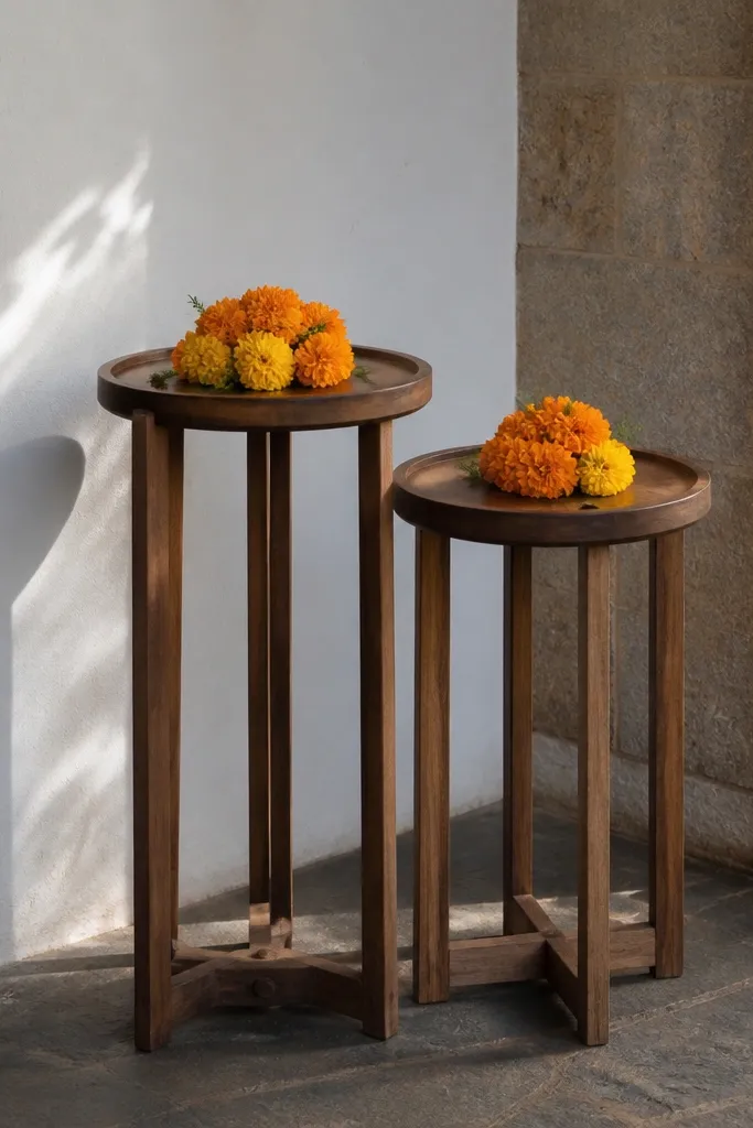 Two side stands with small marigold bouquets placed near corner