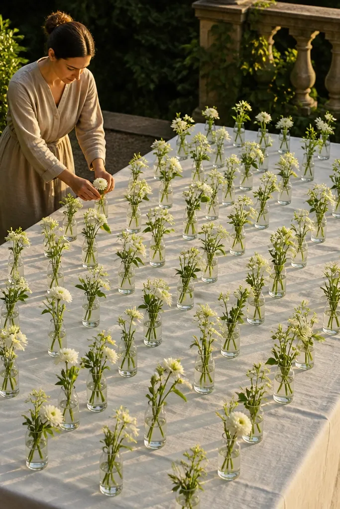 Small clear vases with single stems arranged in a tight grid