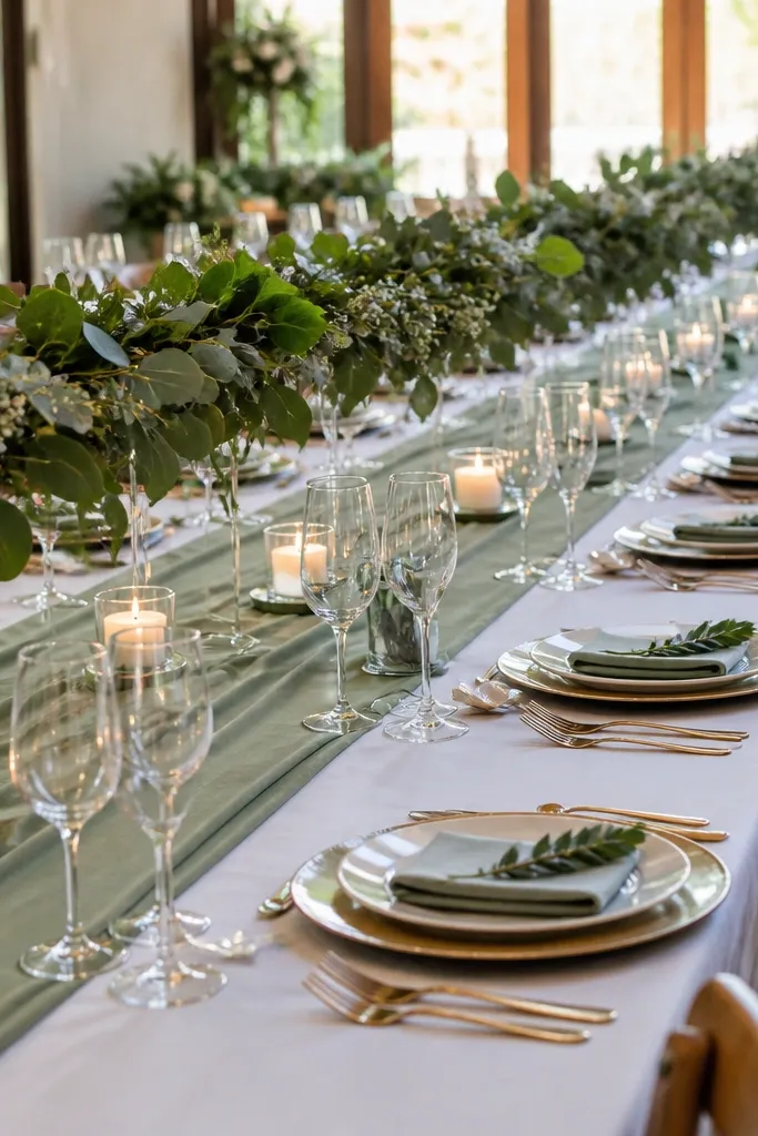 Greenery runner with candles spaced evenly and a light border
