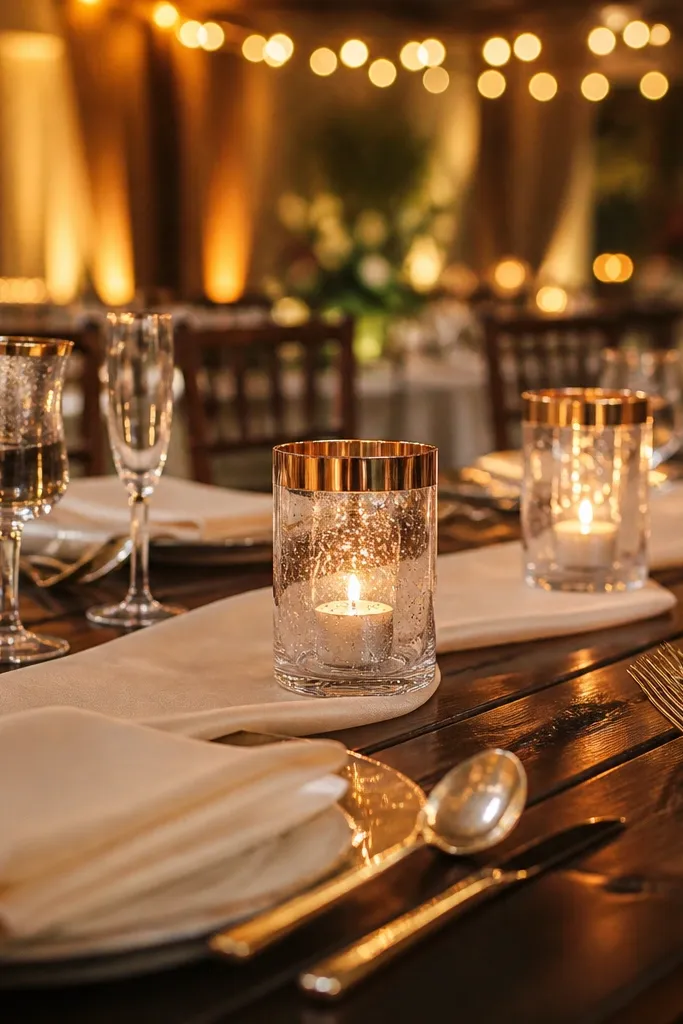 Clear votive holders with metallic rose accents and small candles