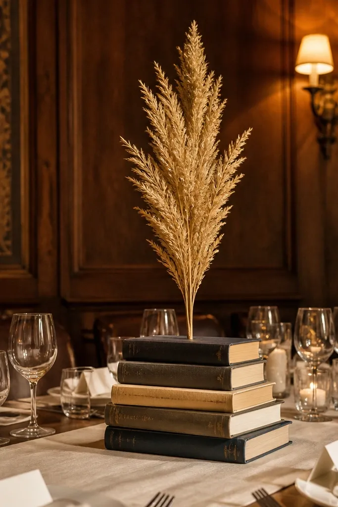 Stacked books with a large dried stem in a vase