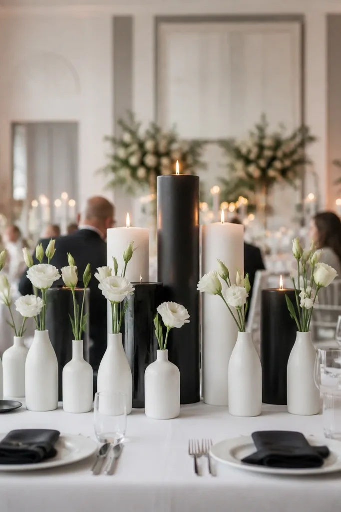 Row of bud vases with one color flowers and candles rising in height