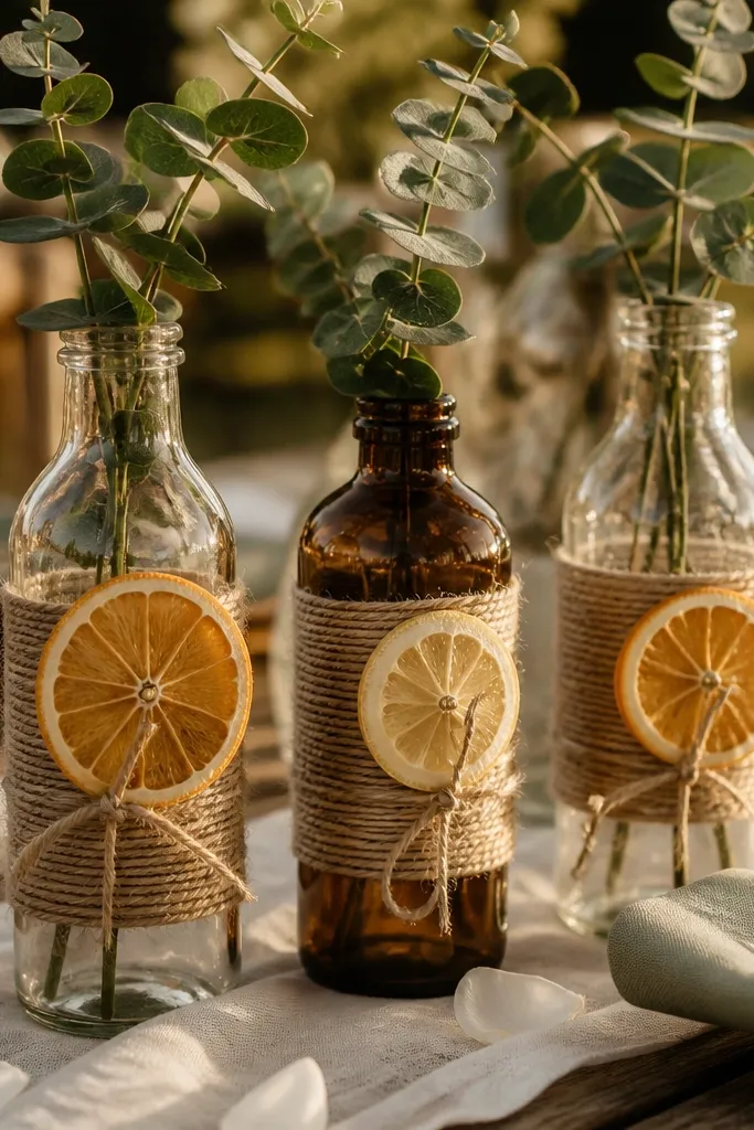 Twine-wrapped bottles with citrus slices tucked around stems