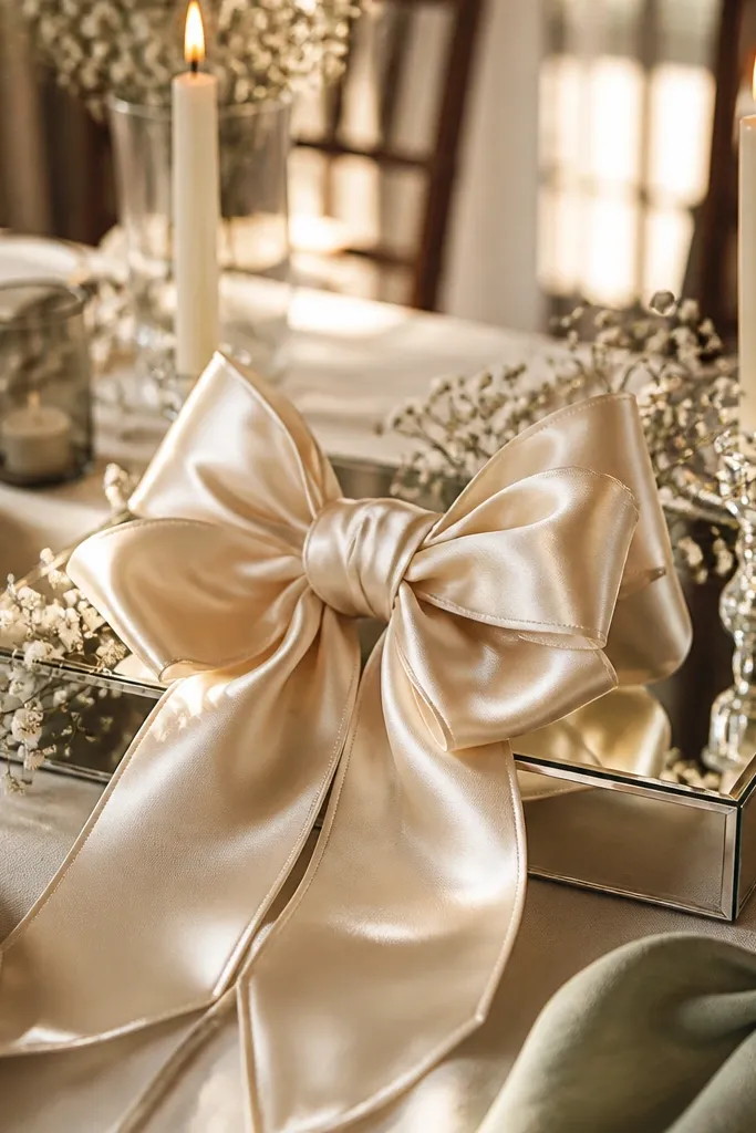 Large satin ribbon bow on a mirrored tray with a single candle